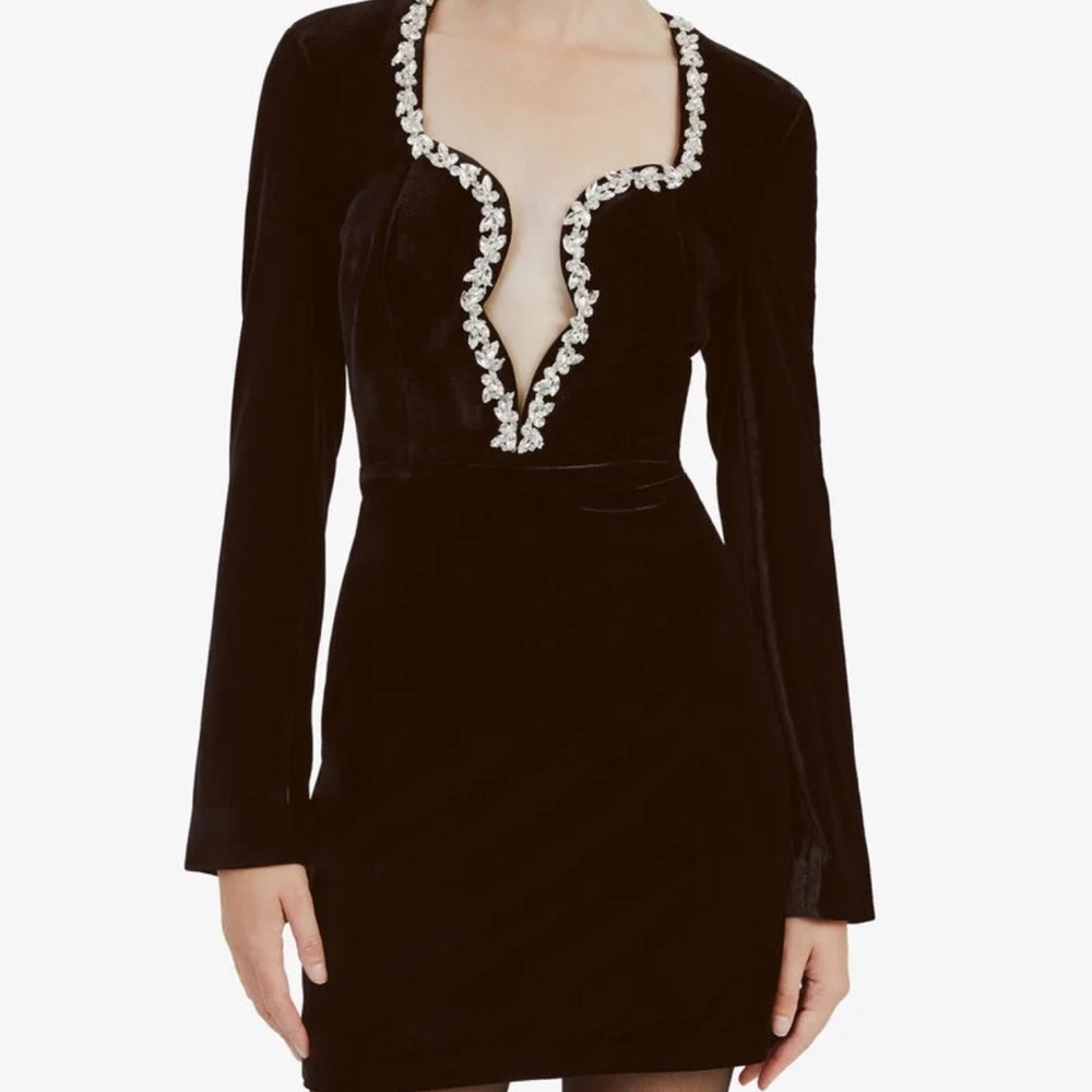 Bardot Black Velvet Sequenced Bodycon Dress with Embellished Plunge Neckline